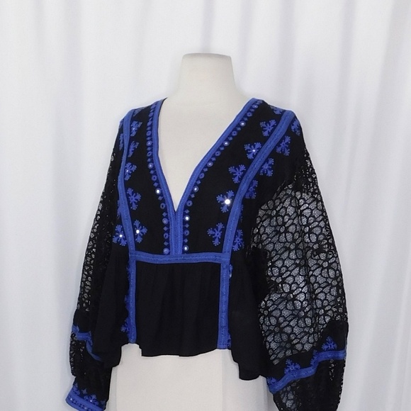 FREE PEOPLE Boogie All Night Balloon Lace Sleeve Top Blouse Embroidered Small - Picture 8 of 15